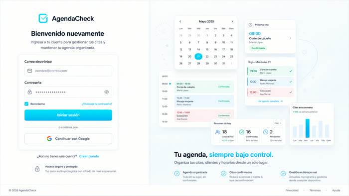 Captura de pantalla de AgendaCheck — SaaS de agendamiento